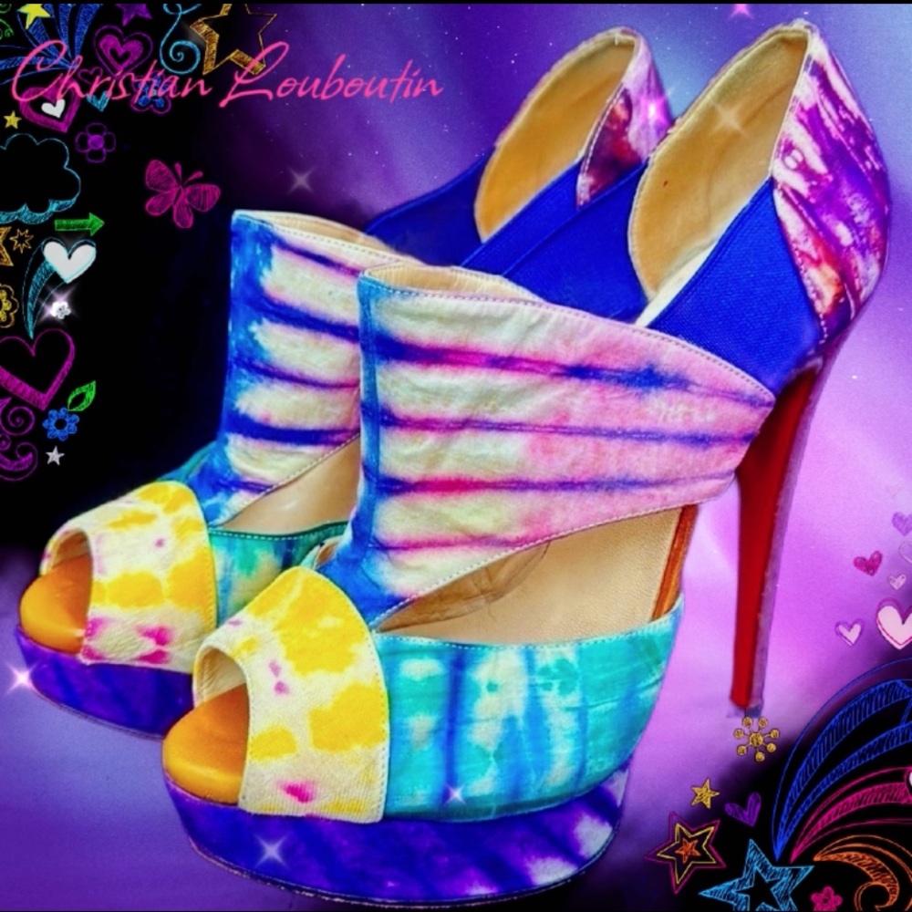 CHRISTIAN LOUBOUTIN TYE DYE SUEDE/ FABRIC PITOU PEEP TOE HIGH HEEL SHOES- 9 💜👠🔥